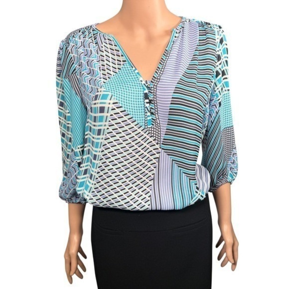 Banana Republic Geometric Patchwork Blouse Teal Blue V-Neck Smocked Top Small
